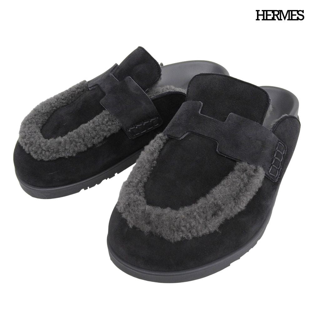 Hermes Mules Shearling Suede Logo Shoes Black 38