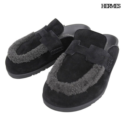 Hermes Mules Shearling Suede Logo Shoes Black 38