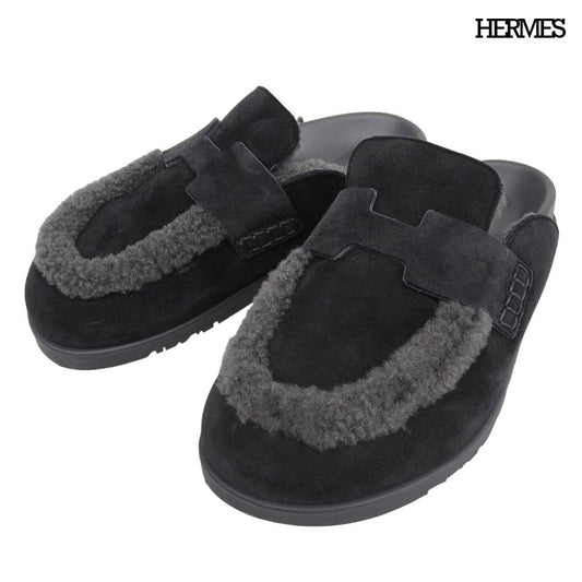 Hermes Mules Shearling Suede Logo Shoes Black 38