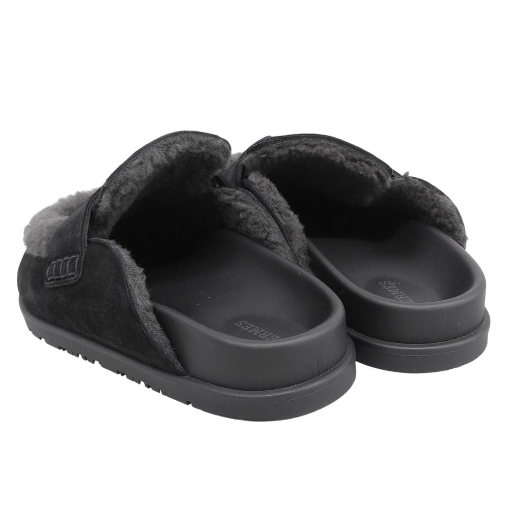 Hermes Mules Shearling Suede Logo Shoes Black 38 — view 4
