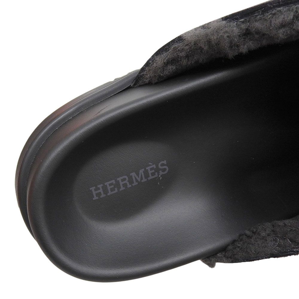 Hermes Mules Shearling Suede Logo Shoes Black 38 — view 8