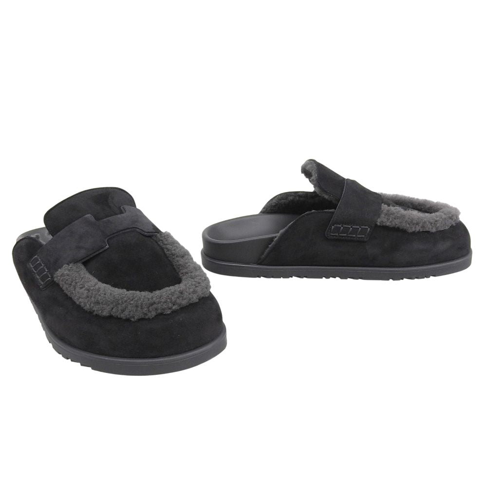 Hermes Mules Shearling Suede Logo Shoes Black 38 — view 2