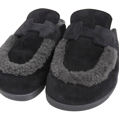 Hermes Mules Shearling Suede Logo Shoes Black 38 — view 3