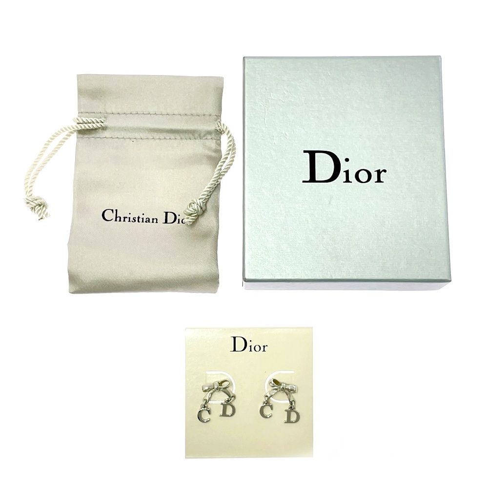Dior Metal CD Logo Swing Ribbon Earrings Silver