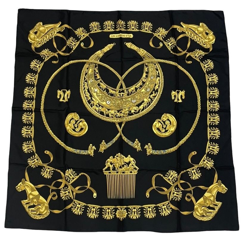 Hermes Carre 90 les Cavaliers D'or Yellow Gold Knight Scarf Silk Black