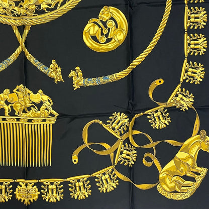 Hermes Carre 90 les Cavaliers D'or Yellow Gold Knight Scarf Silk Black — view 3