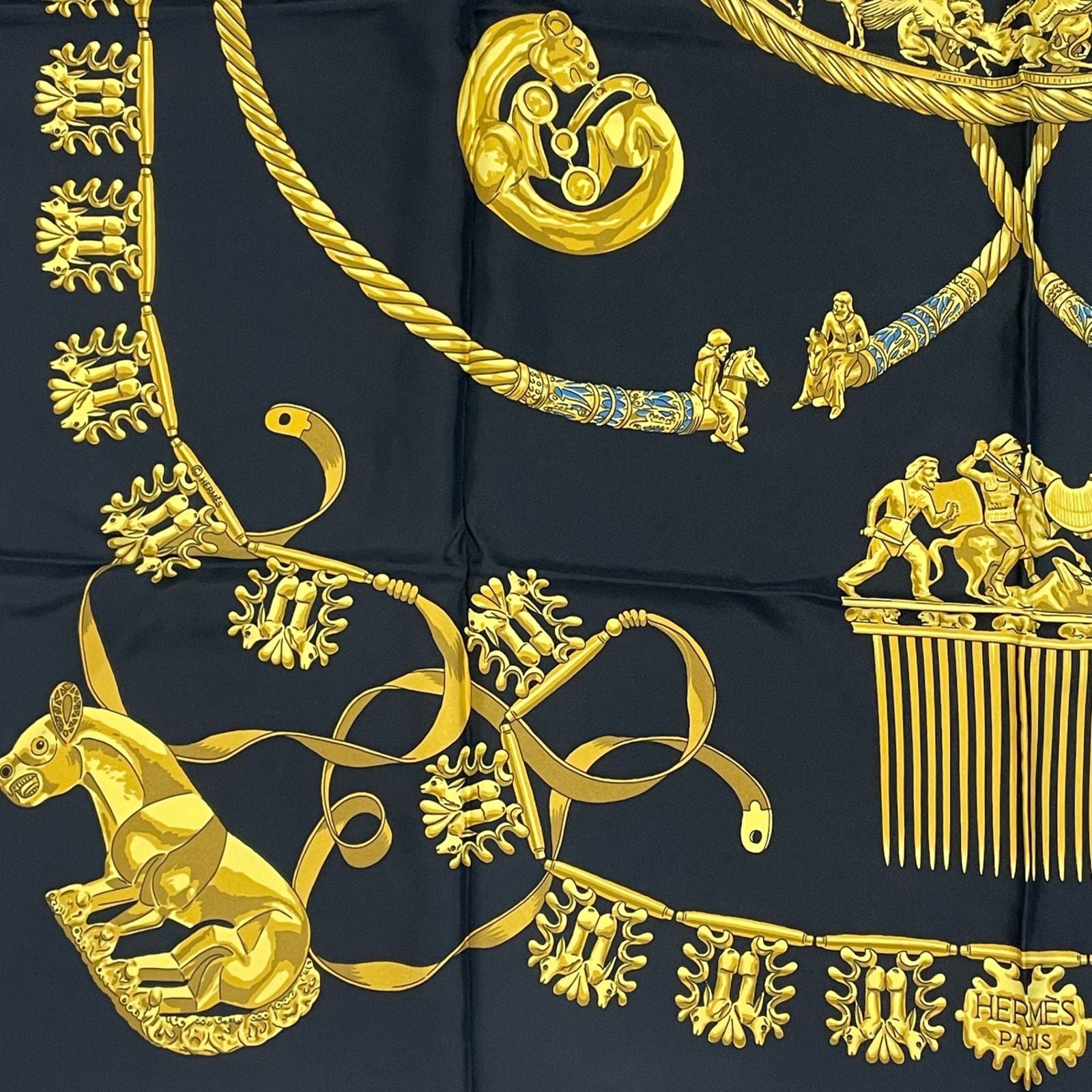 Hermes Carre 90 les Cavaliers D'or Yellow Gold Knight Scarf Silk Black — view 2