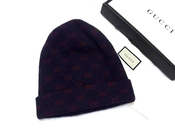 Gucci GG Pattern Alpaca Wool Knit Cap Hat M Navy