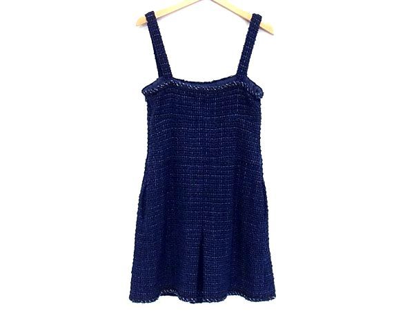 Chanel Coco Button Cotton Tweed Sleeveless Dress 38 Navy — view 3