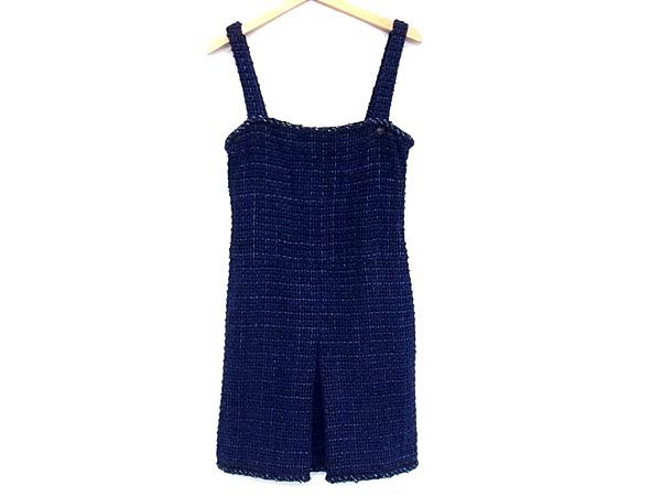 Chanel Coco Button Cotton Tweed Sleeveless Dress 38 Navy — view 2