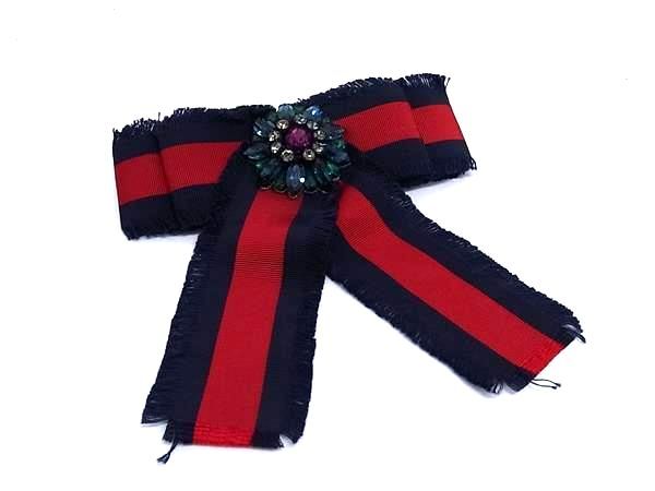 Gucci Web Grosgrain Bow Color Stone Pin Brooch Pin Badge Navy