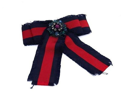 Gucci Web Grosgrain Bow Color Stone Pin Brooch Pin Badge Navy
