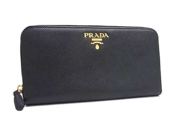 Prada Saffiano Leather Zip Around Wallet Billfold Coin Purse Black