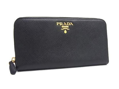 Prada Saffiano Leather Zip Around Wallet Billfold Coin Purse Black