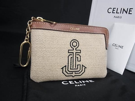 Celine Canvas Leather Coin Purse Beige Brown