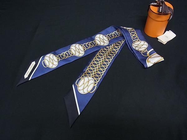 Hermes Lift Profile Twill Silk 100% Ribbon Scarf Navy