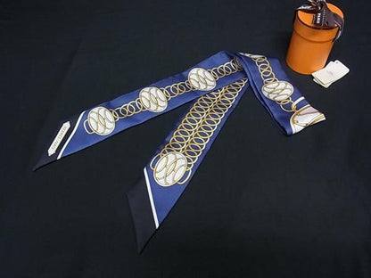 Hermes Lift Profile Twill Silk 100% Ribbon Scarf Navy