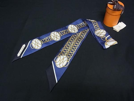Hermes Lift Profile Twill Silk 100% Ribbon Scarf Navy