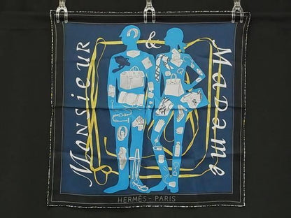 Hermes Monsieur Et Madame & Carre 70 Silk Scarf Shawl Navy