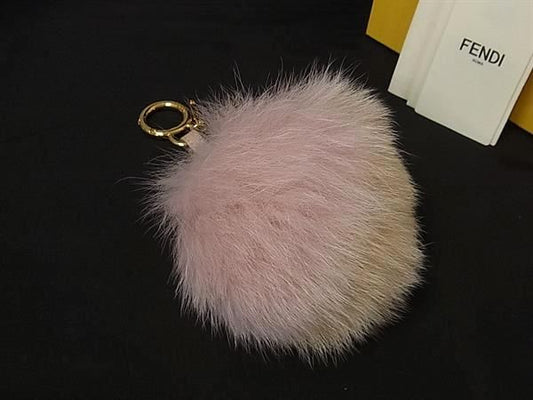 Fendi Pom Charm Key Holder Key Sling Bag Pink Beige
