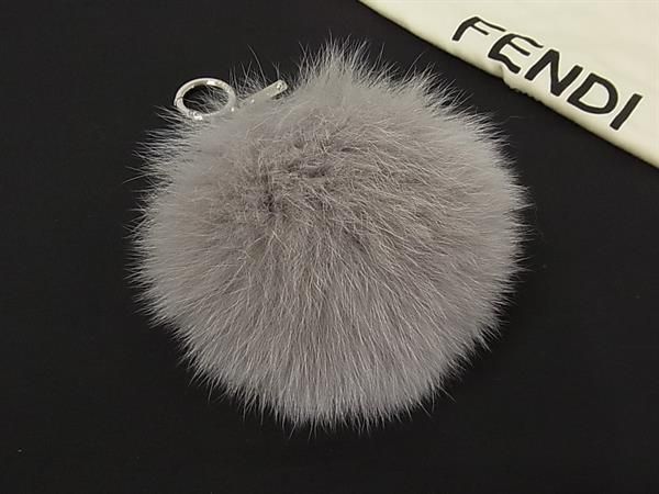 Fendi Pom Charm Leather Bag Key Holder Key Ring Gray