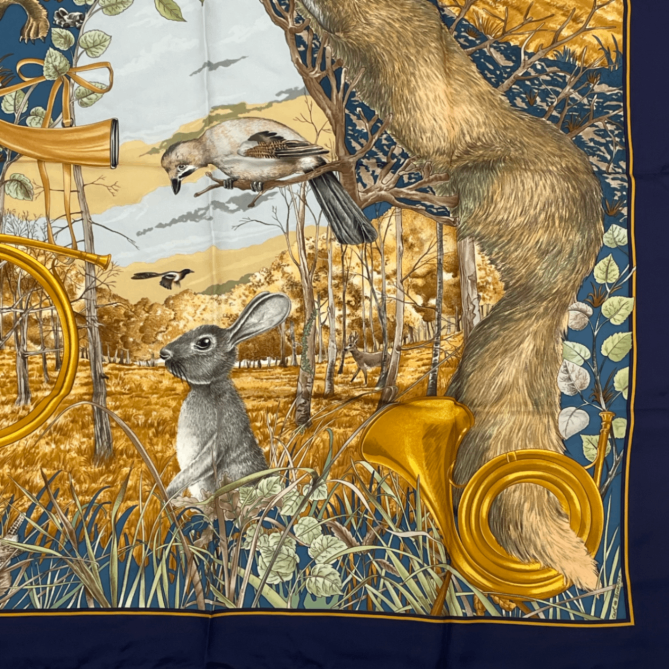 Hermes Carre 90 Chasse Au Bois Forest Hunting Blue Scarf Silk — view 4