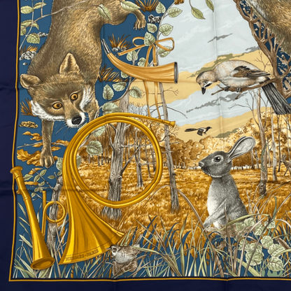 Hermes Carre 90 Chasse Au Bois Forest Hunting Blue Scarf Silk — view 5