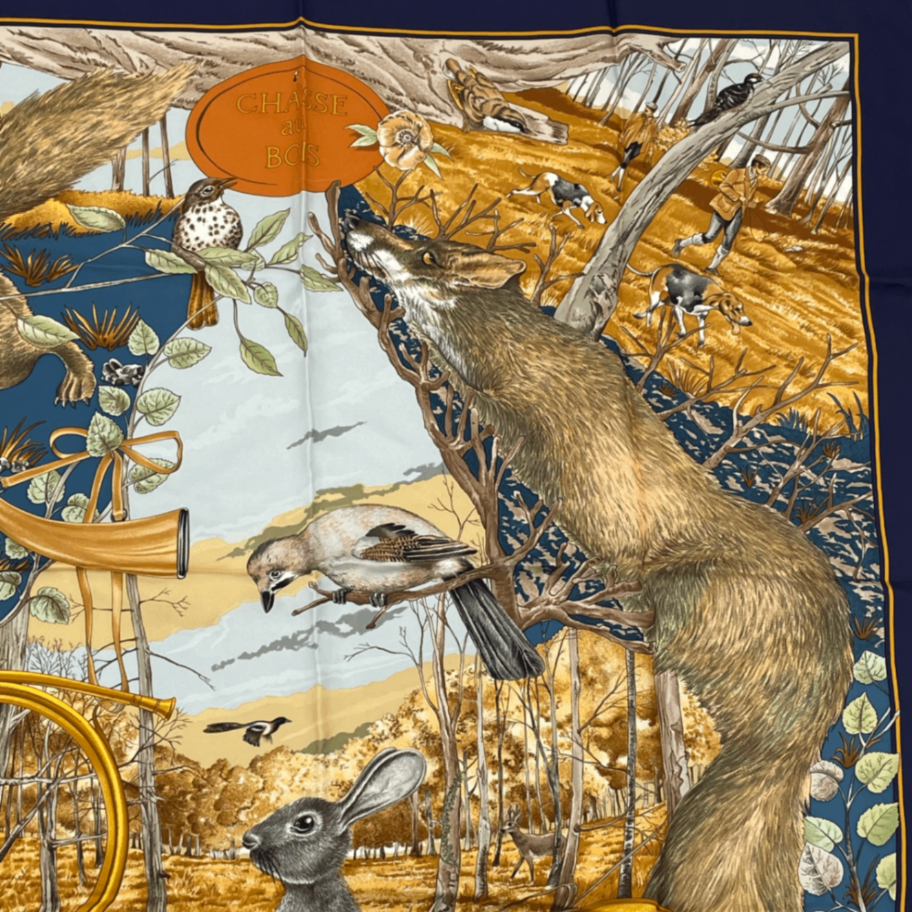 Hermes Carre 90 Chasse Au Bois Forest Hunting Blue Scarf Silk — view 3