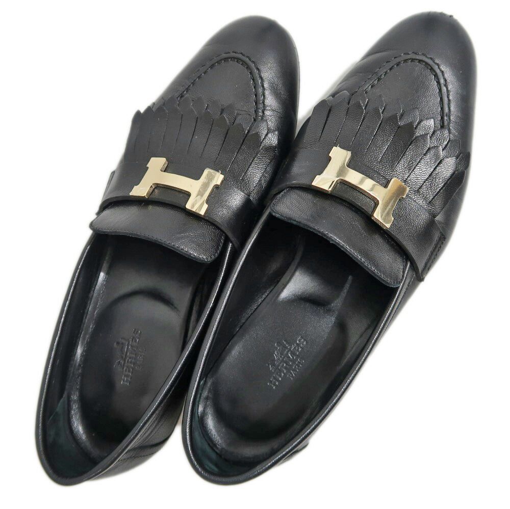 Hermes Moccasins Royale 37 Black Leather Gold Shoes — view 8