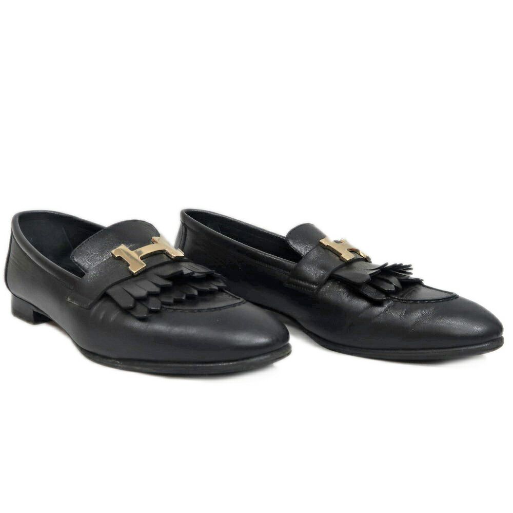 Hermes Moccasins Royale 37 Black Leather Gold Shoes — view 2
