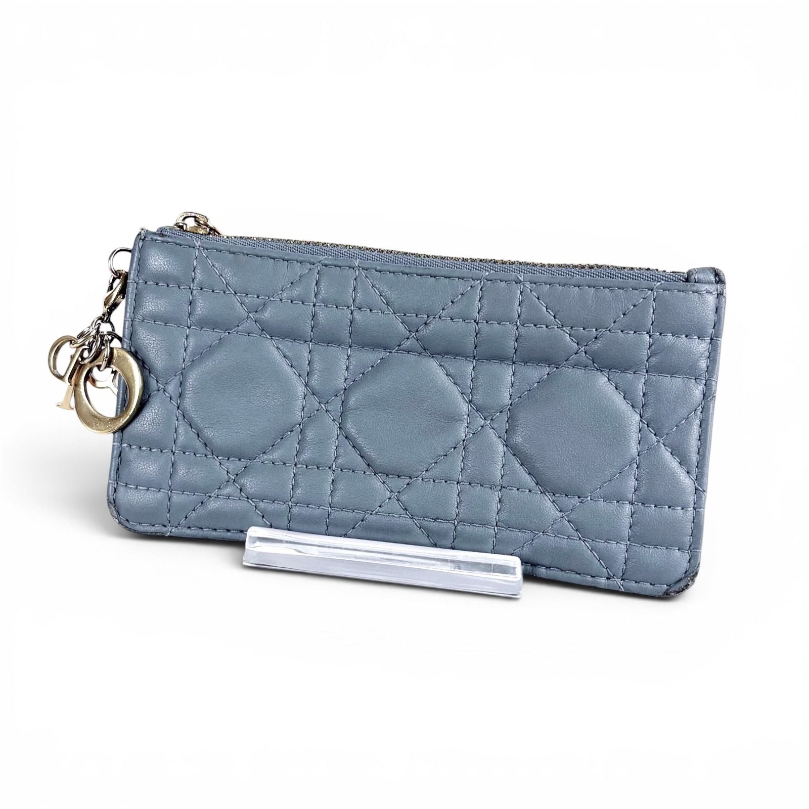 Dior Lady Cannage Logo Charm Fragment Case Coin Card Holder Light Blue Gray