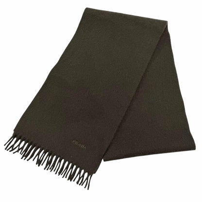 Prada Wool Cashmere Blend Logo Embroidered Fabric with Fringe Scarf Shawl Dark