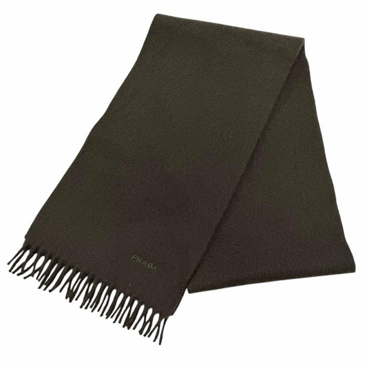 Prada Wool Cashmere Blend Logo Embroidered Fabric with Fringe Scarf Shawl Dark