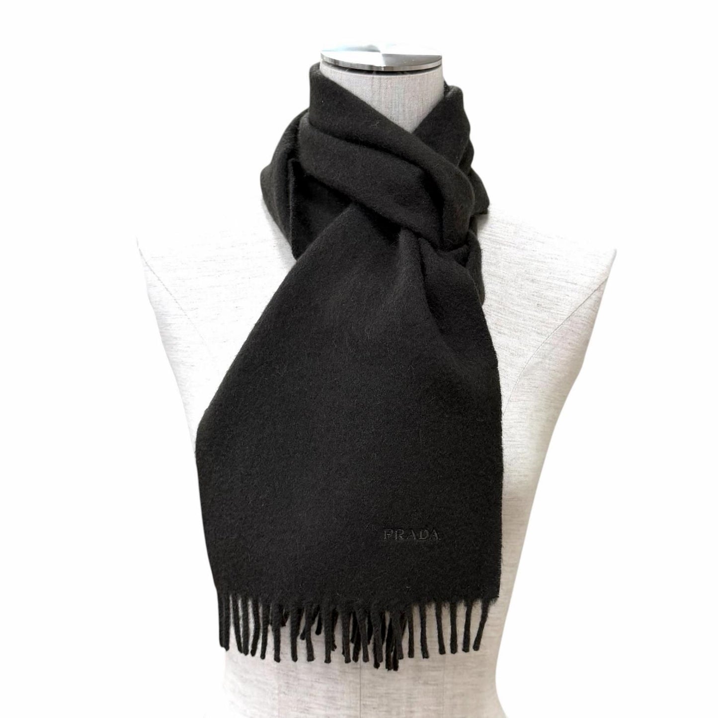 Prada Wool Cashmere Blend Logo Embroidered Fabric with Fringe Scarf Shawl Dark — view 3