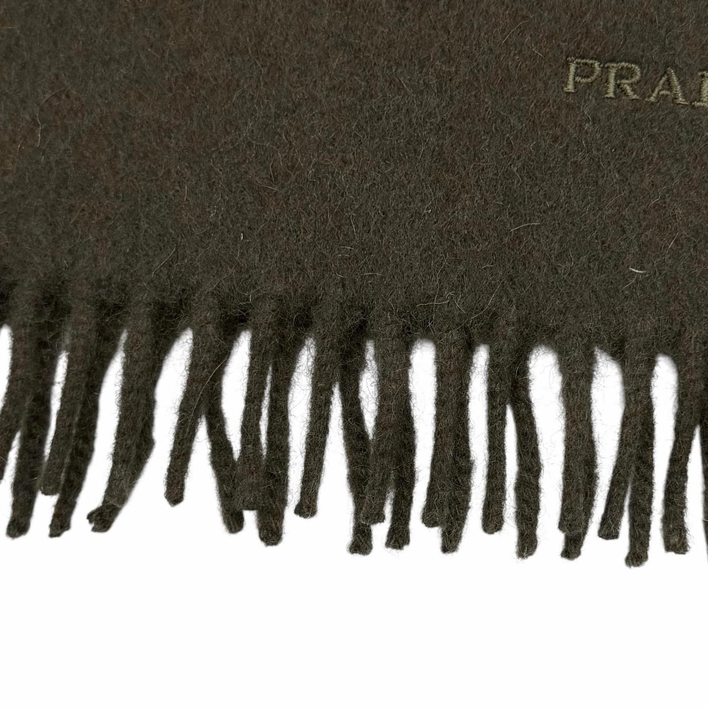 Prada Wool Cashmere Blend Logo Embroidered Fabric with Fringe Scarf Shawl Dark — view 4