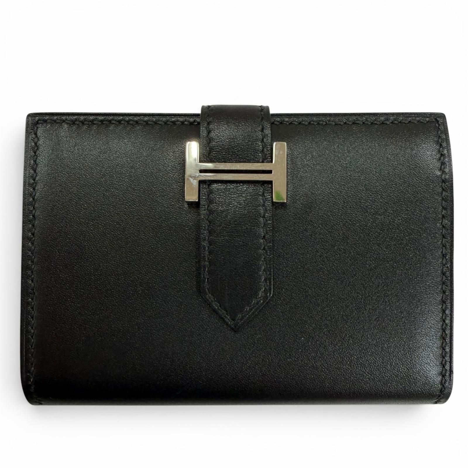 Hermes Bearn Mini Box Calf Silver Card Case Business Holder Black