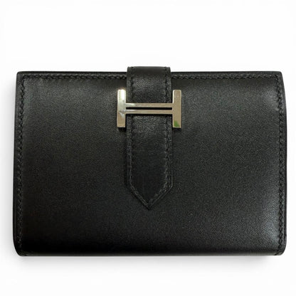 Hermes Bearn Mini Box Calf Silver Card Case Business Holder Black