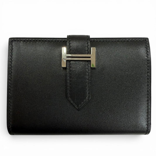 Hermes Bearn Mini Box Calf Silver Card Case Business Holder Black