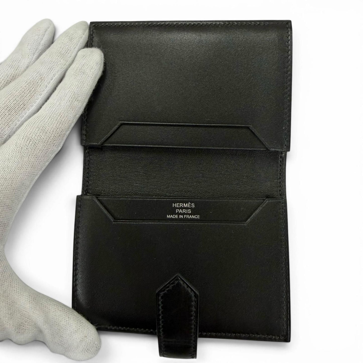 Hermes Bearn Mini Box Calf Silver Card Case Business Holder Black — view 7