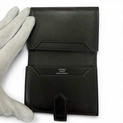 Hermes Bearn Mini Box Calf Silver Card Case Business Holder Black — view 7