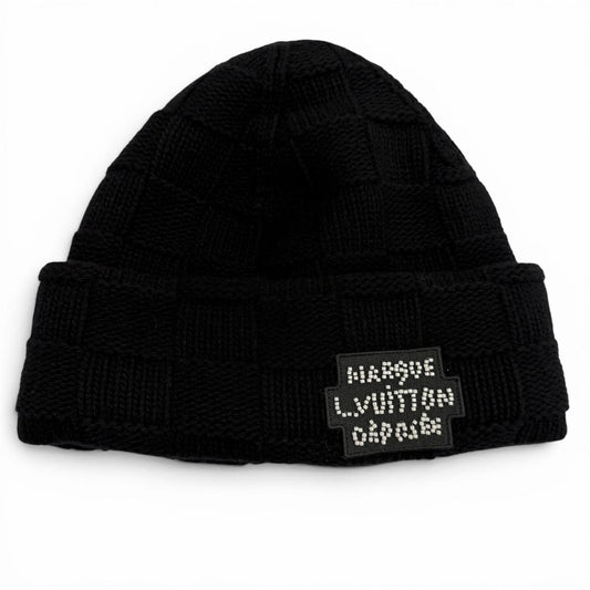 Louis Vuitton Wool Damier Pearl Beanie Hat Knit Cap Black