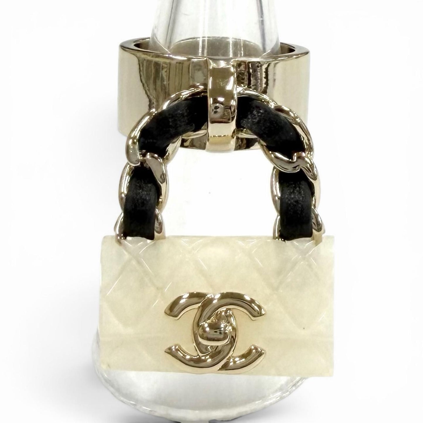 Chanel 23c Quilted Turnlock Bag Charm Ring White Black Gold