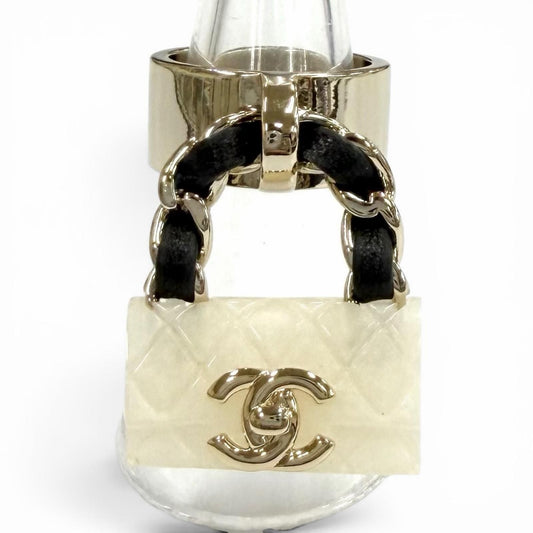 Chanel 23c Quilted Turnlock Bag Charm Ring White Black Gold