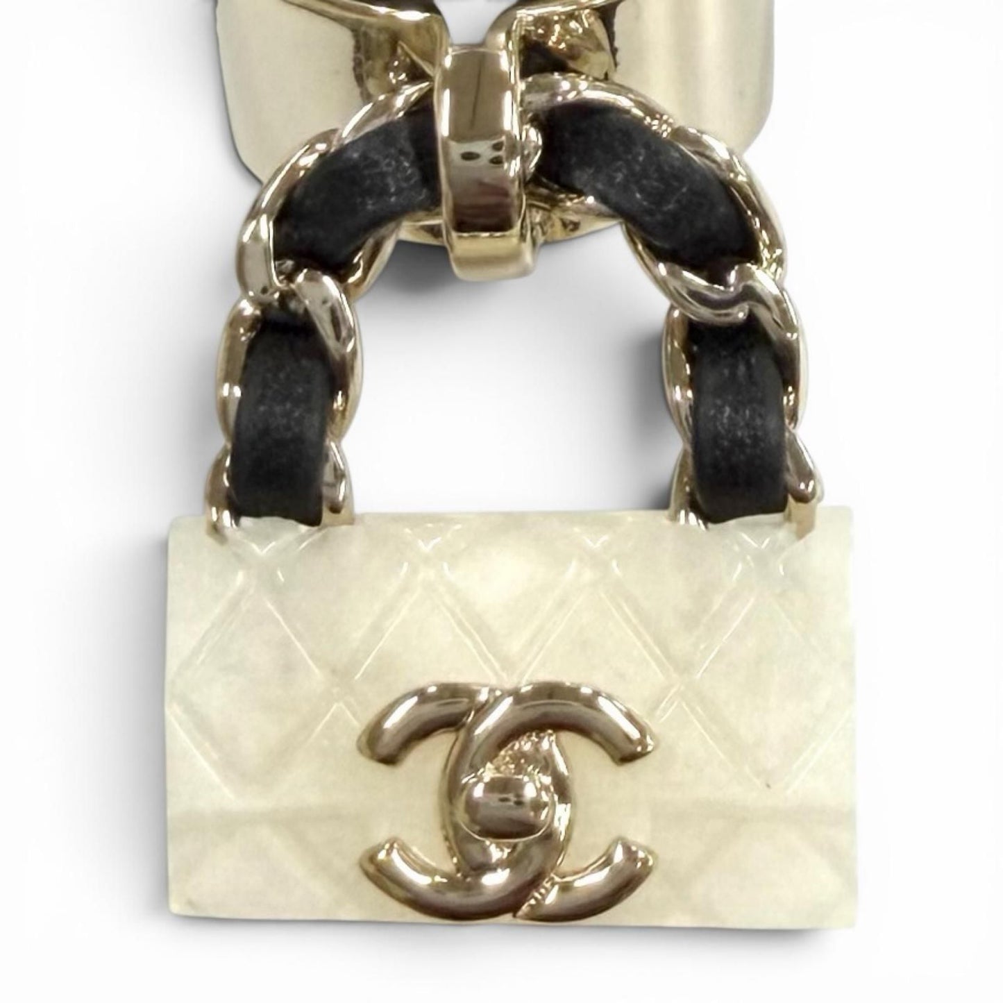 Chanel 23c Quilted Turnlock Bag Charm Ring White Black Gold