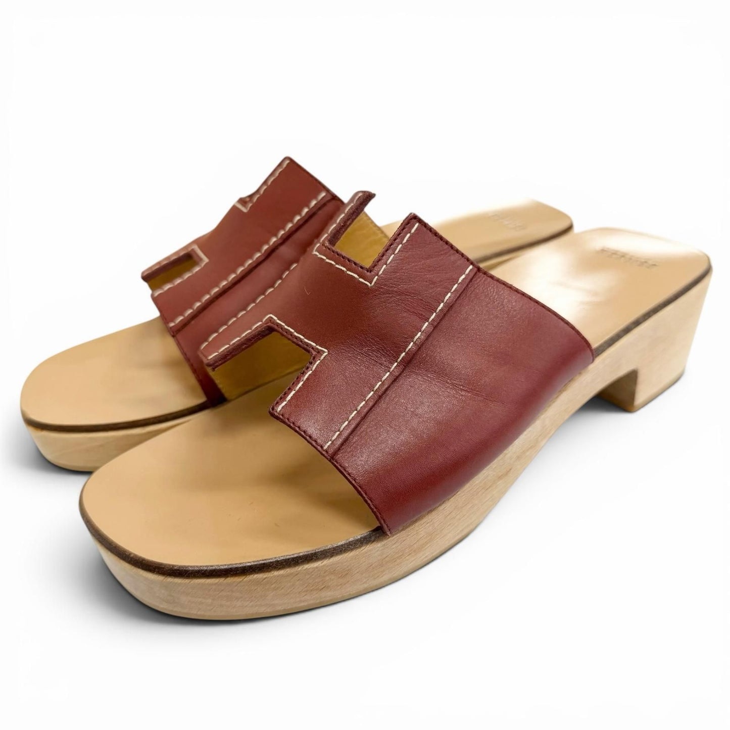 Hermes Kevlar Leather Motif Wood Sole Sandals Brown