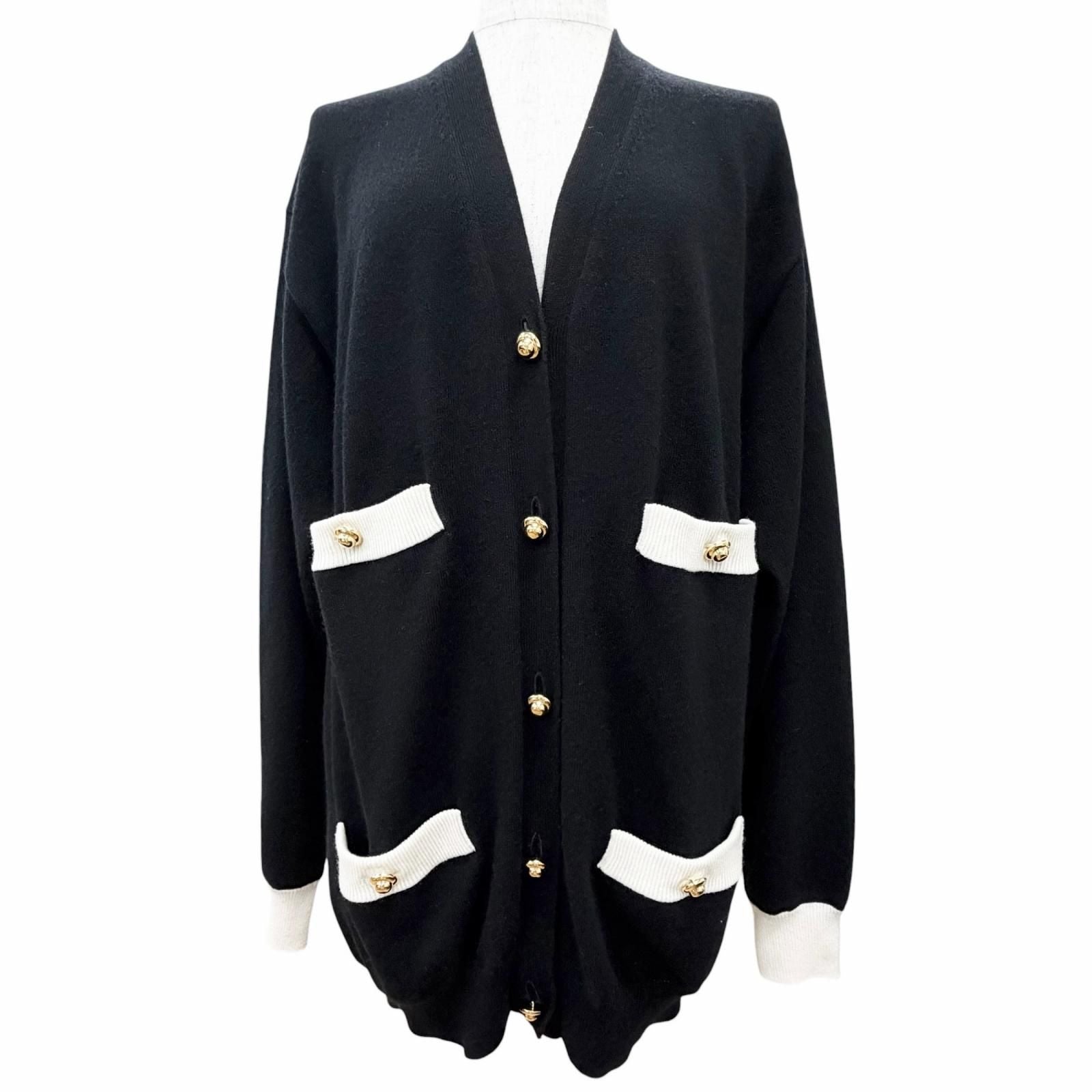 Miu Miu Cashmere Gold Button Neck Long Sleeve Knit Cardigan Black White 38