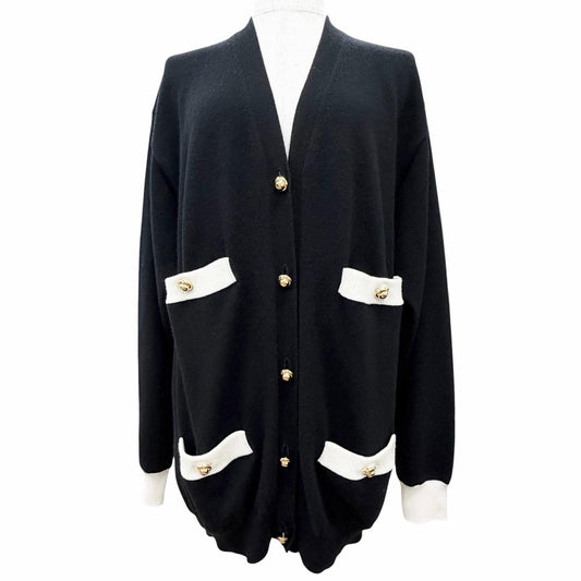 Miu Miu Cashmere Gold Button Neck Long Sleeve Knit Cardigan Black White 38