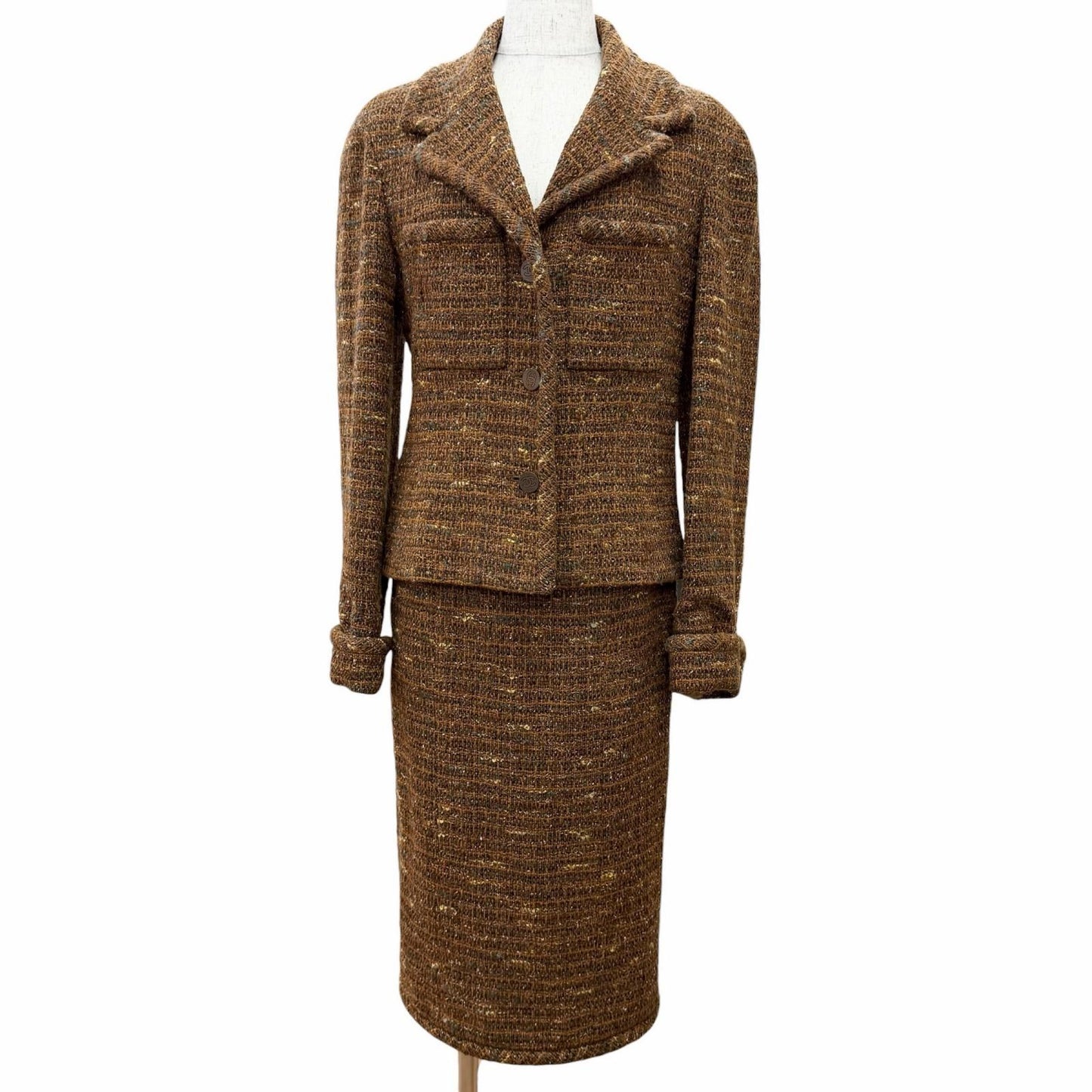 Chanel Vintage Wool CC Logo Button Tweed Skirt Suit Set Brown