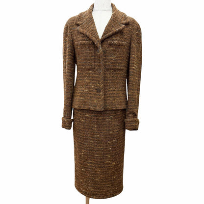 Chanel Vintage Wool CC Logo Button Tweed Skirt Suit Set Brown