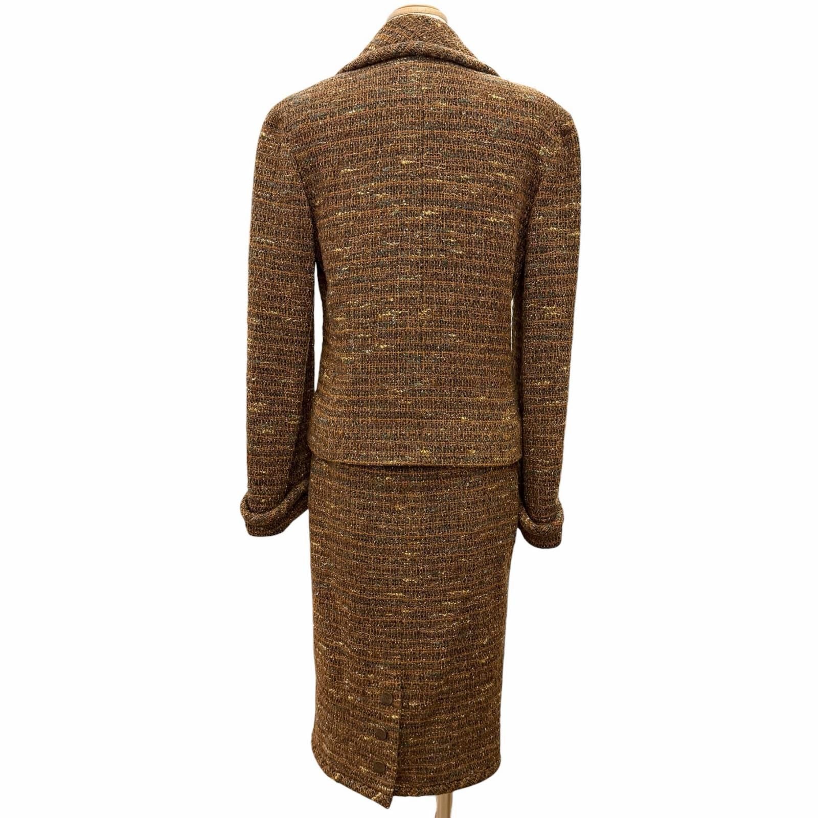 Chanel Vintage Wool CC Logo Button Tweed Skirt Suit Set Brown — view 3